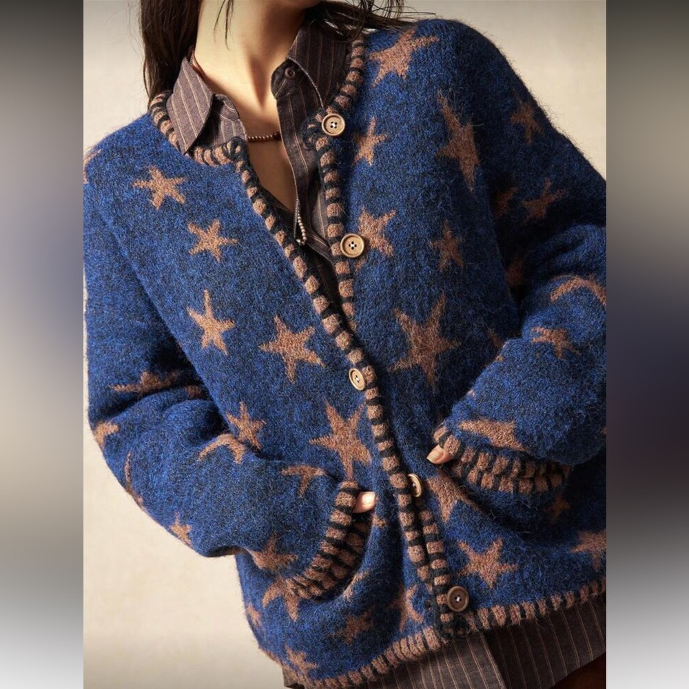 Star knit cardigan pocket Patterned Blue and golden Brown Women's Sweater - Picture 4 of 7